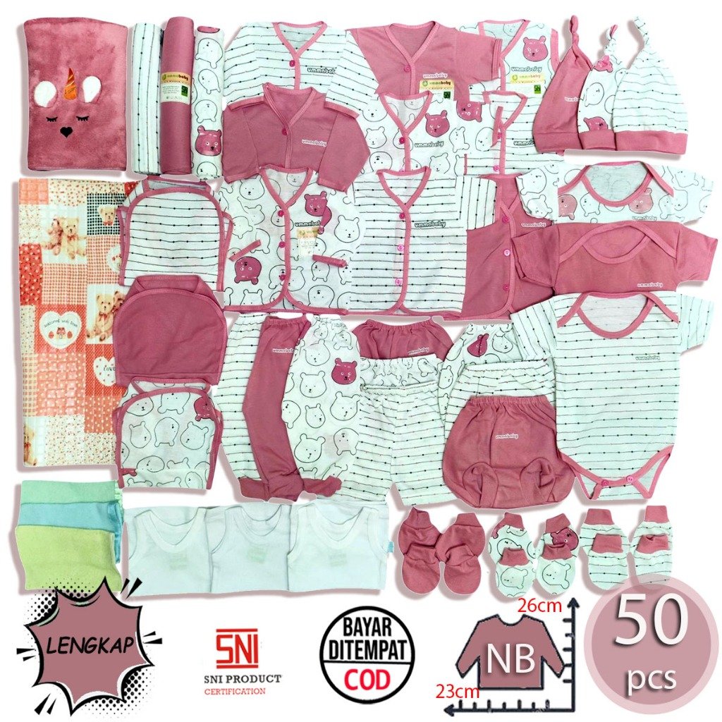 Ummababyshop 50 Pcs Baju Bayi Newborn Beruang Pink