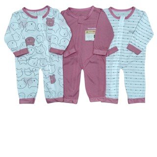 ummababyshop 3 pcs Sleepsuit Bayi Baru Lahir Buka Kaki Motif Beruang Pink