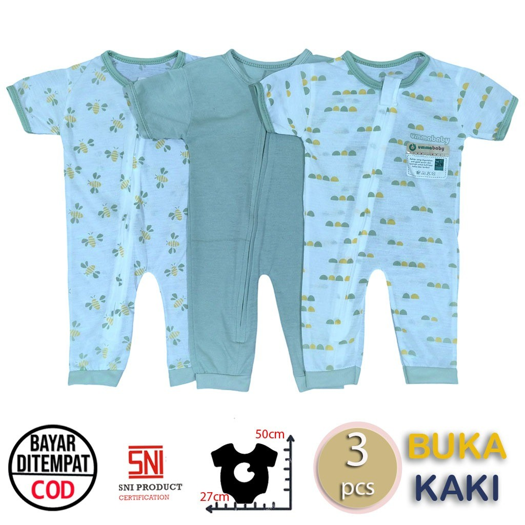 ummababyshop 3 pcs Sleepsuit Bayi Baru Lahir Buka Kaki Romper Bayi Jumper Bayi Pendek Panjang Lebah Sage
