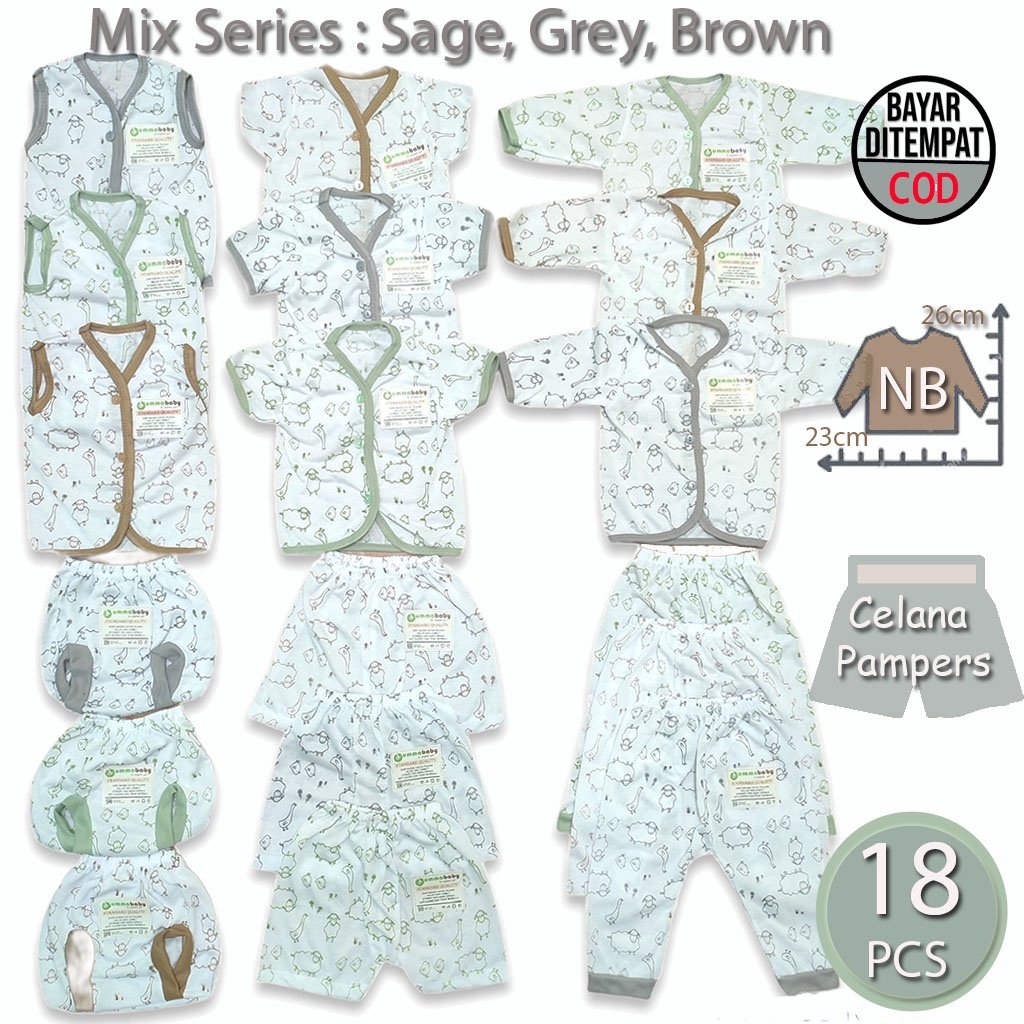 Ummababyshop 18 Pcs Baju Bayi Newborn Grey Brown Sage Monochrome Domba