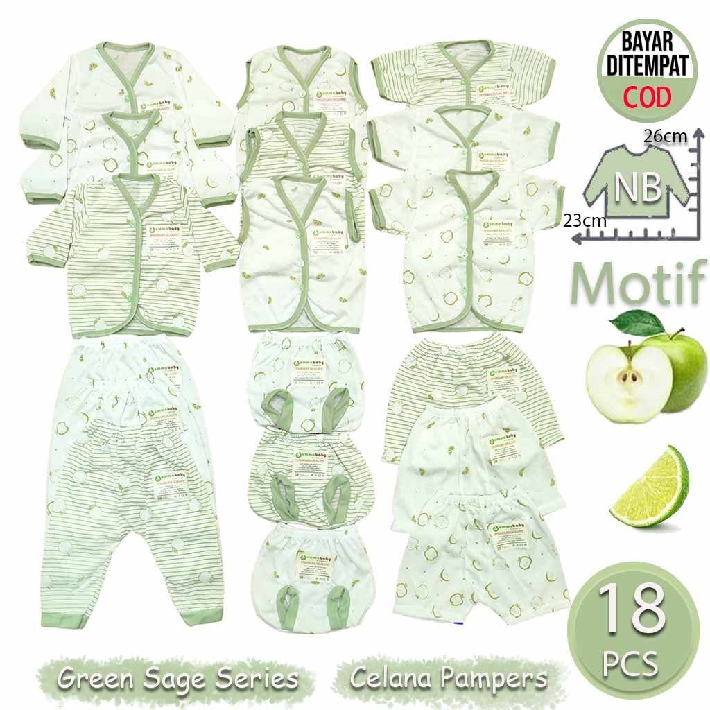 Ummababyshop 18 Pcs Baju Bayi Newborn Gift Set | Seri Green Sage Monochrome
