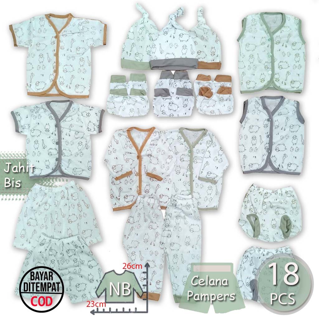 Ummababyshop 18 Pcs Perlengkapan Baju Bayi | Mix Sage Krem Abu