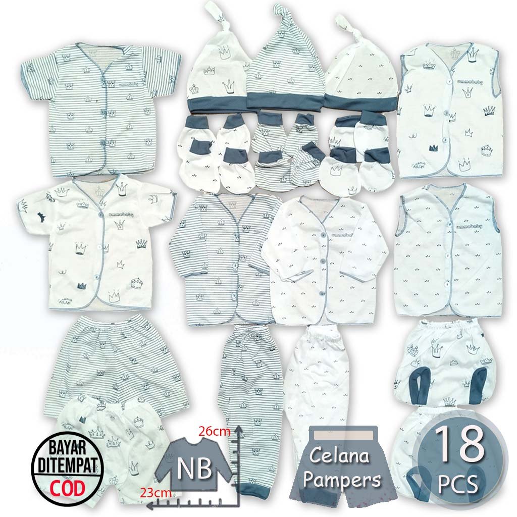 Ummababyshop 18 Pcs Perlengkapan Baju Bayi Newborn | Abu Putih Crown