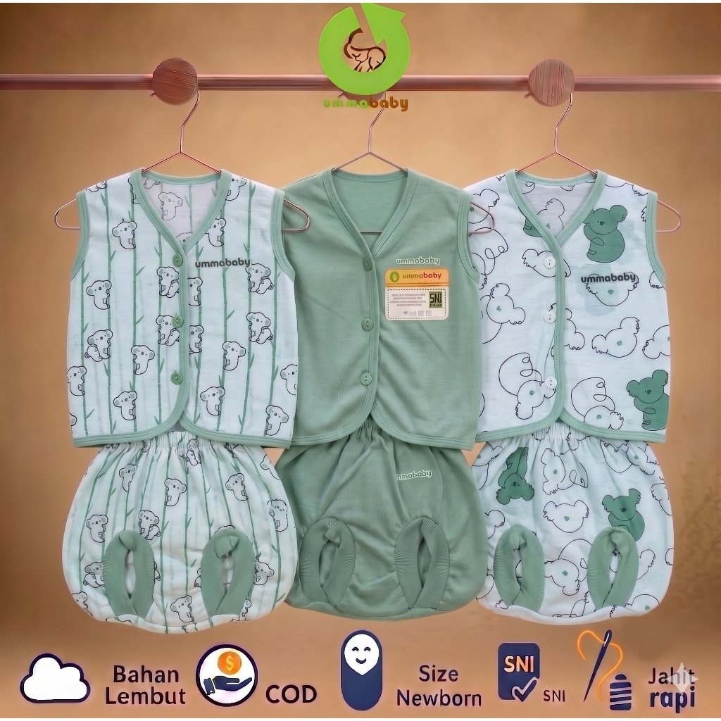 6 Pcs / 3 Set Baju Bayi Buntung Celana Bayi Setelan Newborn Baru Lahir Atasan Kado Murah Lucu Koala Sage