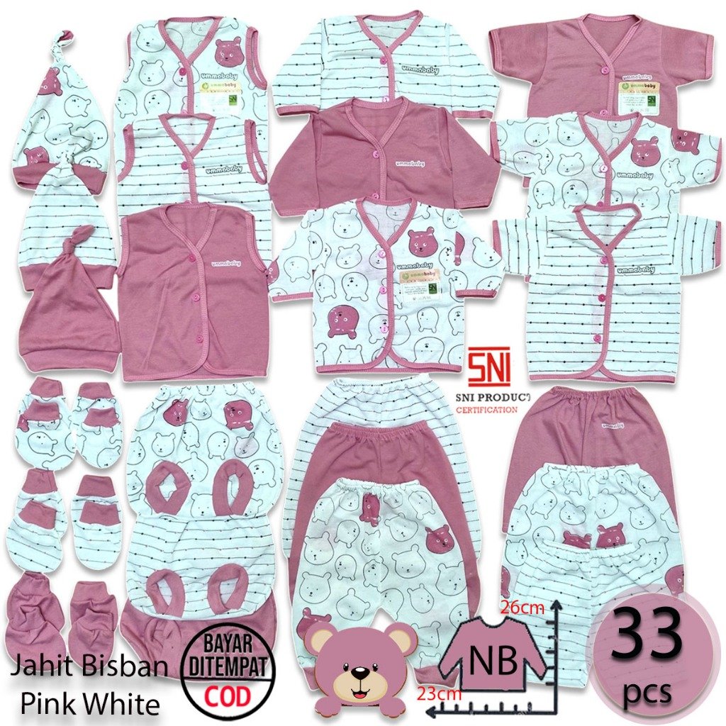 Ummababyshop Set Baju Bayi Newborn 33 PCS | Perlengkapan Bayi Baru Lahir Perempuan | Beruang Pink