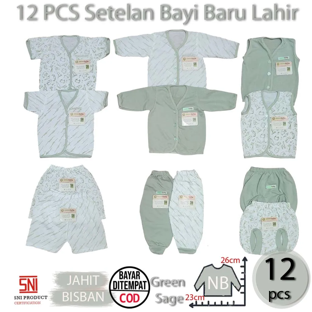 Ummababyshop Paket 12 Pcs Baju Bayi | Origami Sage Hijau