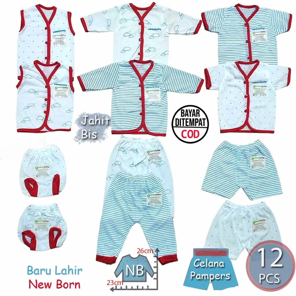 Ummababyshop Paket 12 Pcs Baju Bayi | Gift Set Biru Monochrome