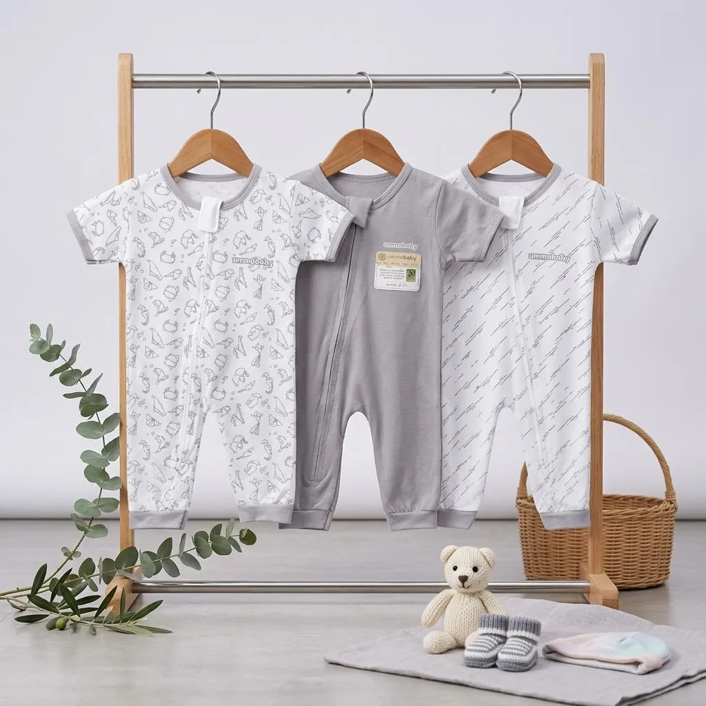 ummababyshop 3 pcs Sleepsuit Bayi Baru Lahir Buka Kaki Romper Bayi Panjang Pendek Origami Abu