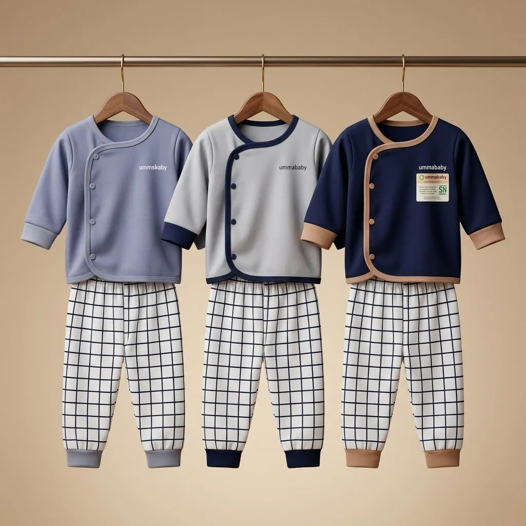 3 Set/6 Pcs Baju Bayi Newborn Set Lengan Panjang Kancing Pinggir Samping Perlengkapan Baru Lahir Navy