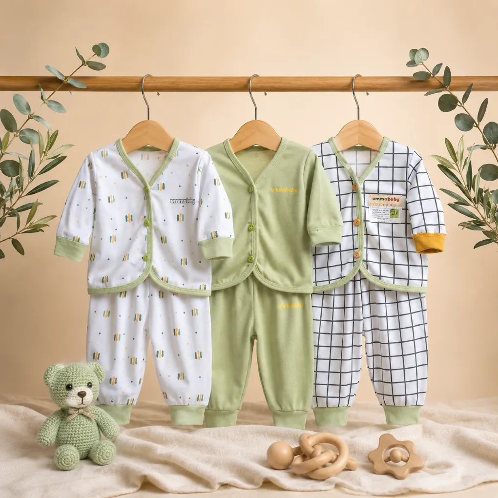 6 Pcs / 3 Set Baju Bayi Celana Bayi Setelan Newborn Baru Lahir Atasan Kado Murah Lucu Kotak Sage