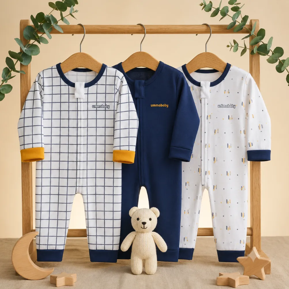 ummababyshop 3 pcs Sleepsuit Bayi Baru Lahir Buka Kaki Romper Bayi Jumper Bayi Panjang Kotak Navy