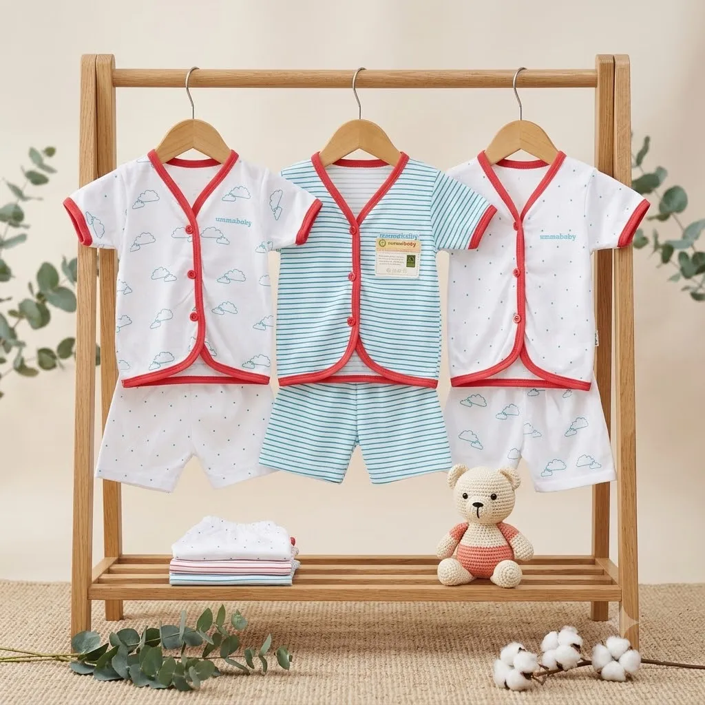 6 Pcs / 3 Set Baju Bayi Pendek Celana Bayi Setelan Newborn Baru Lahir Atasan Kado Murah Lucu Awan Biru Merah