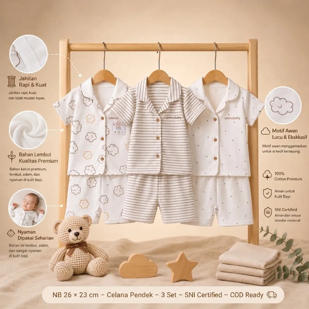 6 pcs / 3 Set Baju Bayi Newborn Lengan Pendek SNI – Model Stylish Kerah Tumpuk Outfit Lucu Hadiah Lahiran Setelan OOTD Bayi Newborn Kado Murah AWGold