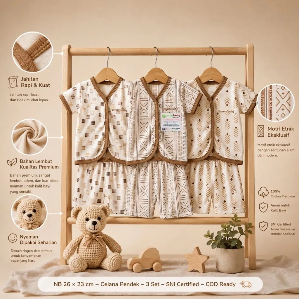 6 Pcs / 3 Set Baju Bayi Pendek Celana Bayi Setelan Newborn Baru Lahir Atasan Kado Murah Lucu Etnik Krem
