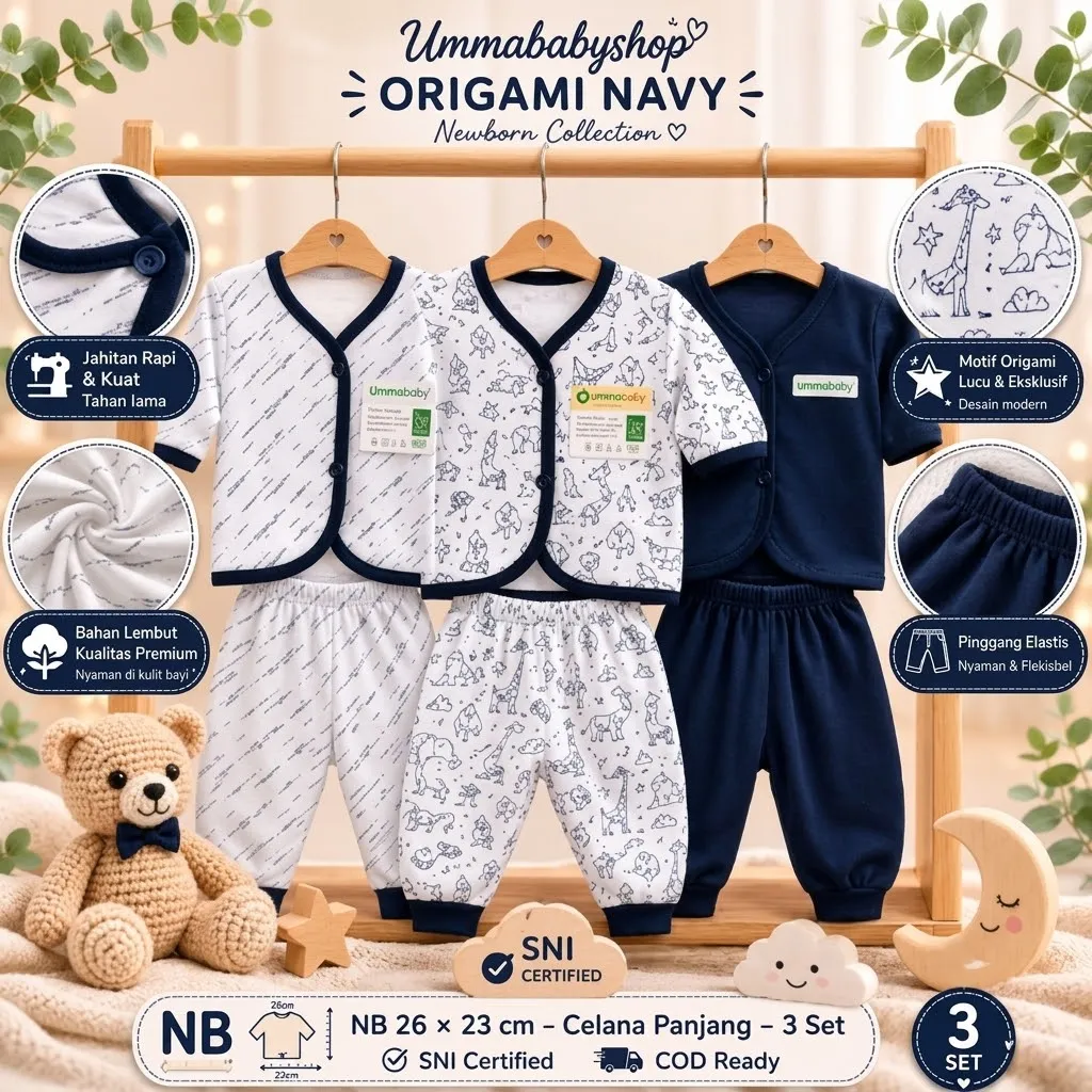 6 Pcs / 3 Set Baju Bayi Panjang Celana Bayi Setelan Newborn Baru Lahir Atasan Kado Murah Lucu Origami series