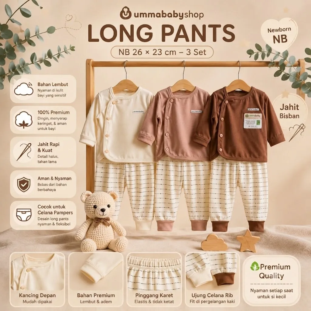 3 set / 6 pcs Baju Bayi Panjang Celana Bayi Setelan Newborn Baru Lahir Atasan Kado Murah Lucu model kancing samping polos krem