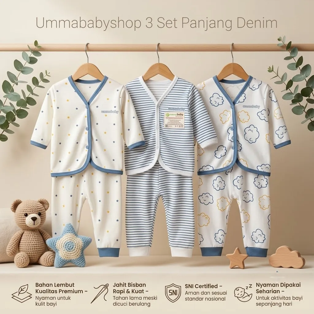 6 Pcs / 3 Set Baju Bayi panjang Celana Bayi Setelan Newborn Baru Lahir Atasan Kado Murah Lucu awan denim
