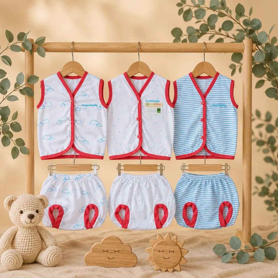 6 Pcs / 3 Set Baju Bayi Buntung Celana Bayi Setelan Newborn Baru Lahir Atasan Kado Murah Lucu Awan Biru Merah