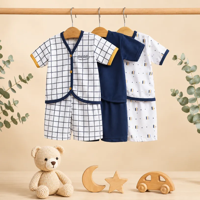 6 Pcs / 3 Set Baju Bayi Pendek Celana Bayi Setelan Newborn Baru Lahir Atasan Kado Murah Lucu Kotak Navy