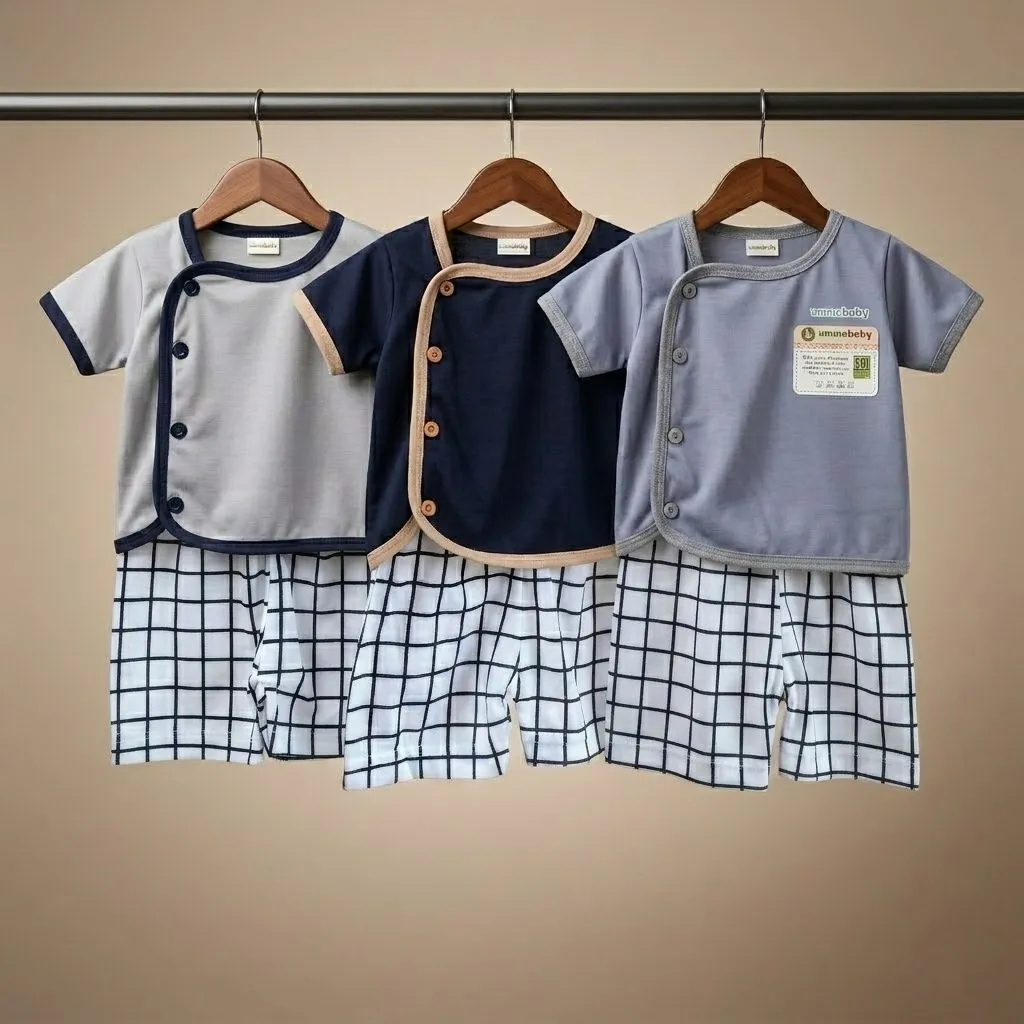 3 Set/6 Pcs Baju Bayi Newborn Set Lengan Pendek Kancing Pinggir Samping Perlengkapan Baru Lahir Atasan Kado Murah Lucu polos navy